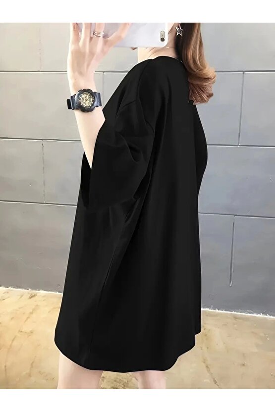 201 Penye Compack Ön Arka Baskılı Oversize Bisiklet Yaka T-shirt - Siyah