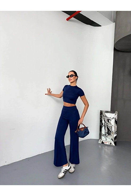 Osy Modal Yumuşak Dokulu Kumaş Kısa Kollu Crop Alt Ispanyol Paça Pantalon Ikili Takım - Lacivert