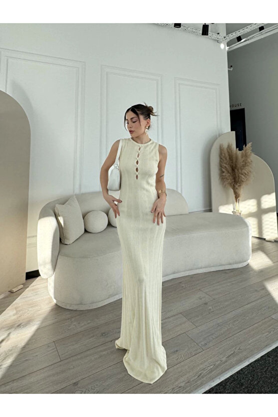 Kalın Fitilli Uzun Triko Elbise - Kırık Beyaz