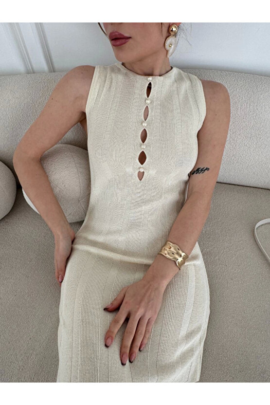 Kalın Fitilli Uzun Triko Elbise - Kırık Beyaz