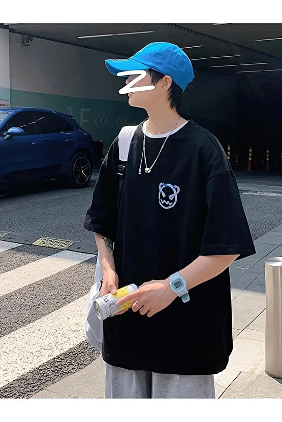 Velmora Premium 201 Penye Compack Bisiklet Yaka Kore tarzı sevimli ayı baskı Kısa Kol t-shi