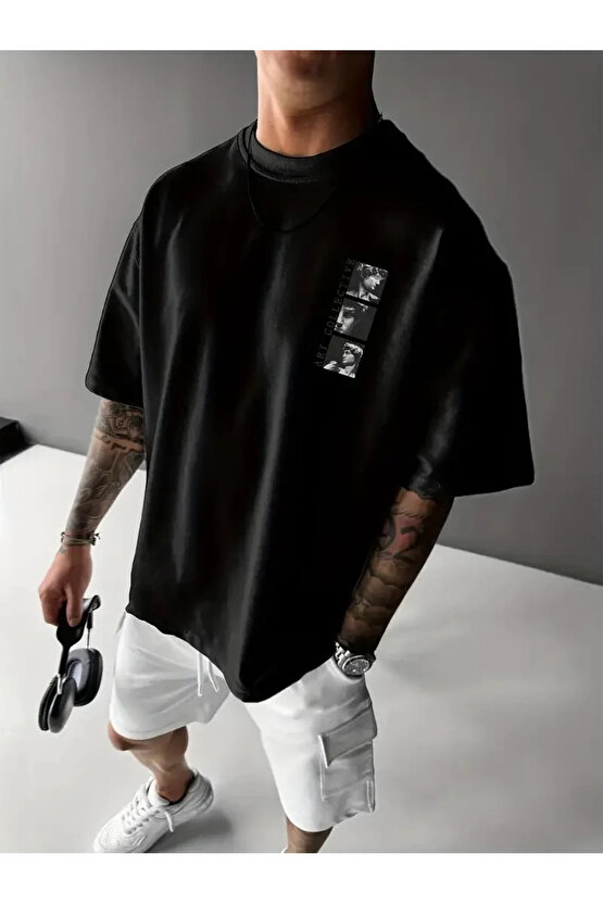 Benzersiz Sırt Baskılı Erkek Sokak Stili Bol Tişört