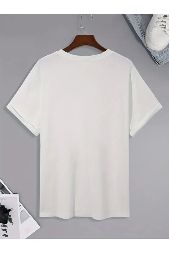 201 Penye Compack Uçak Baskılı Oversize Bisiklet Yaka Kısa Kol T-shirt - Beyaz