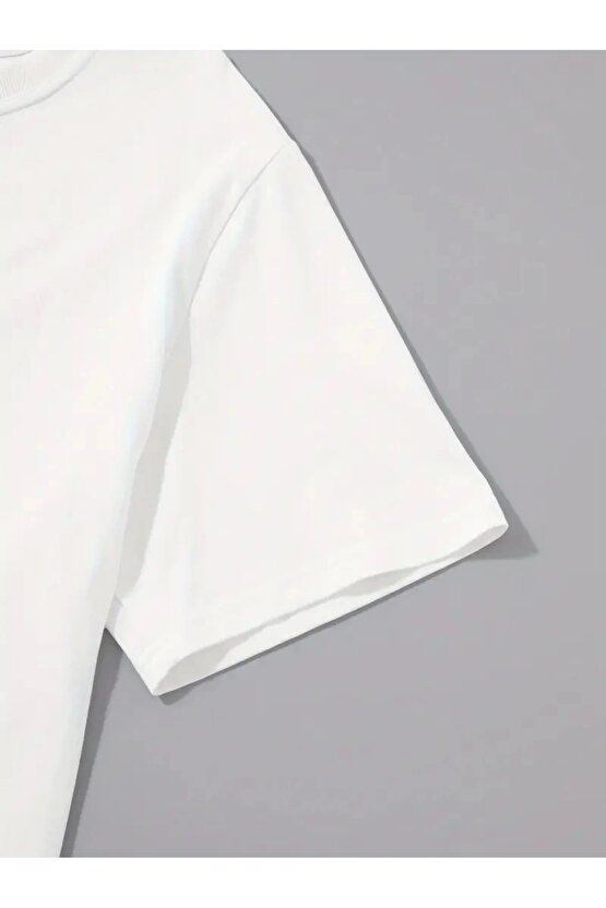 201 Penye Compack Uçak Baskılı Oversize Bisiklet Yaka Kısa Kol T-shirt - Beyaz