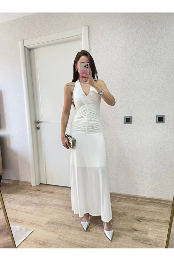 Sırt dekolteli Uzun Elbise - Beyaz