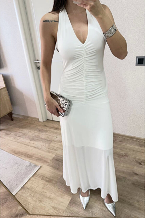 Sırt dekolteli Uzun Elbise - Beyaz