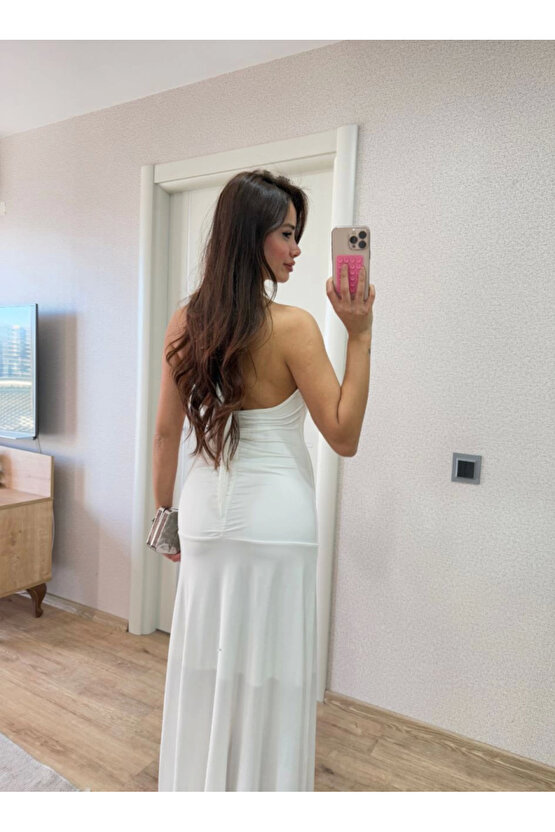 Sırt dekolteli Uzun Elbise - Beyaz