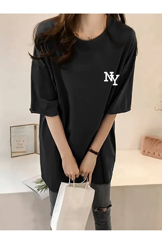 Kadın Eğlenceli Harf NY Baskılı Bisiklet Yaka Tişört - Rahat Polyester, Makinede Yıkanabilir - Yaz v