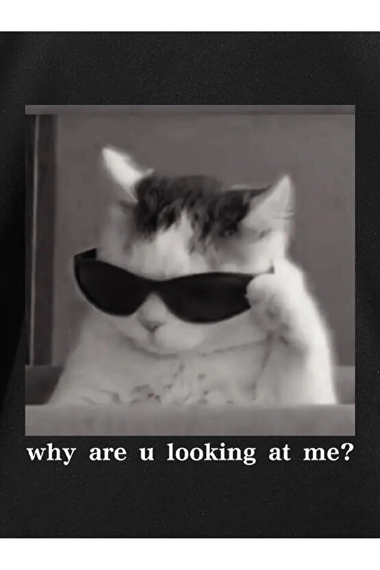 Neden Bana Bakıyorsun? Komik Kedi Grafik Tişört - Dijital Baskılı Siyah Bol Kesim Streetwear Tişör