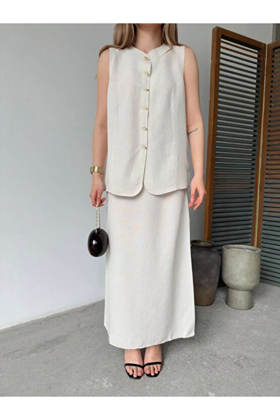 Keten Kolsuz Hırka Etek Ikili Takım- Beyaz