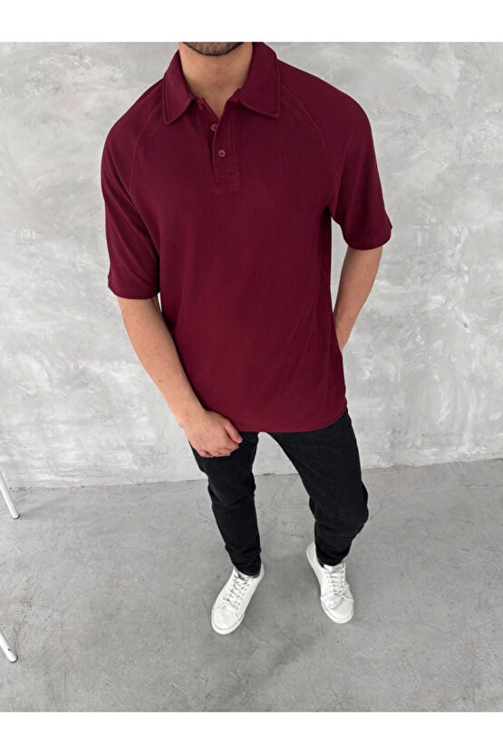 Yakalı Patlı Kısa Kol T-shirt - Bordo