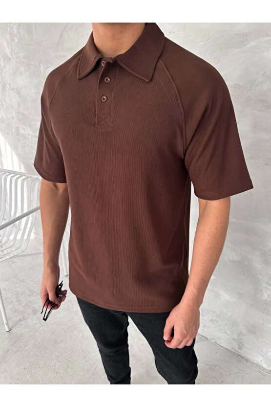 Velmora Premium Yakalı Patlı Kısa Kol T-shirt - Kahverengi -VLMR