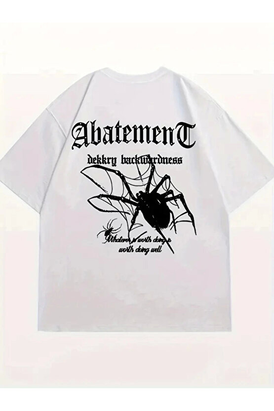 Örümcek Ağı Desenli Baskılı Oversize Bisiklet Yaka T-shirt - Beyaz