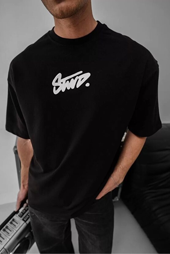 Erkek Baskılı Oversize T-shirt - Siyah