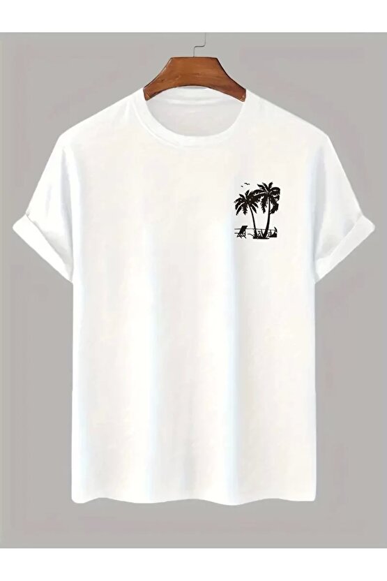 Velmora Premium 201 Penye Compack Palmiye Baskılı Oversize Bisiklet Yaka Kısa Kol T-shirt - Beyaz