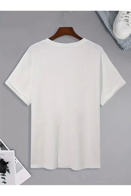 Velmora Premium 201 Penye Compack Palmiye Baskılı Oversize Bisiklet Yaka Kısa Kol T-shirt - Beyaz