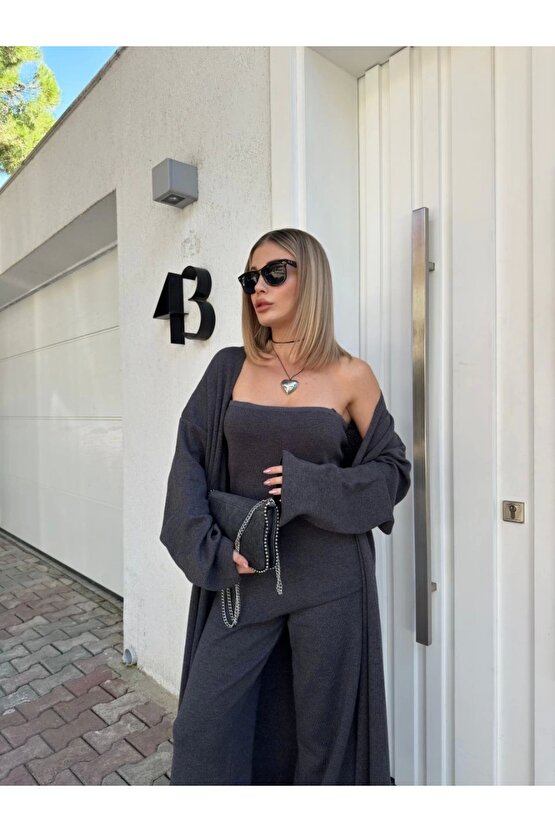 Kadın Triko Üçlü Takım - Füme