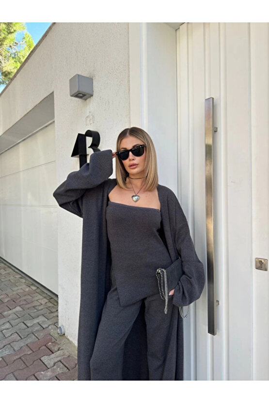 Kadın Triko Üçlü Takım - Füme