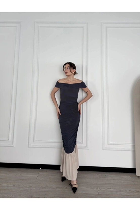 MDB triptiz Omuzlu Uzun Elbise Füme