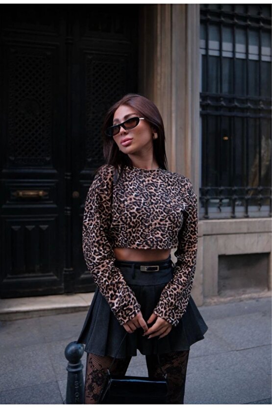 Leopar desenli Uzun Kollu Crop - Leopar