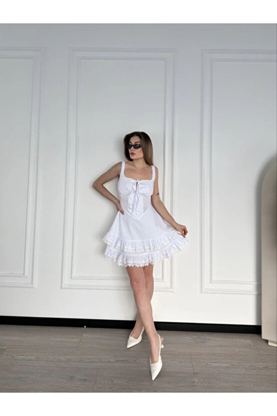 MİNİ ASKILI ELBİSE - BEYAZ