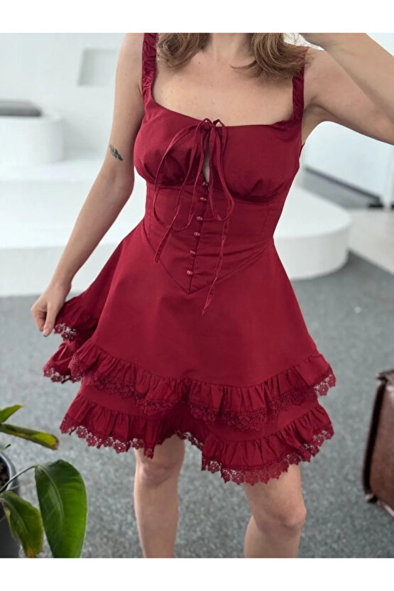 Mini Askılı Elbise - Bordo