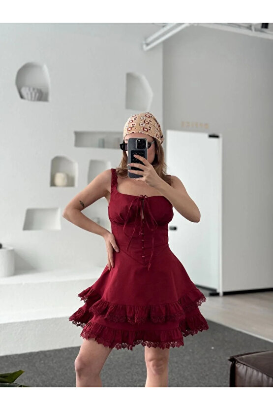 Mini Askılı Elbise - Bordo