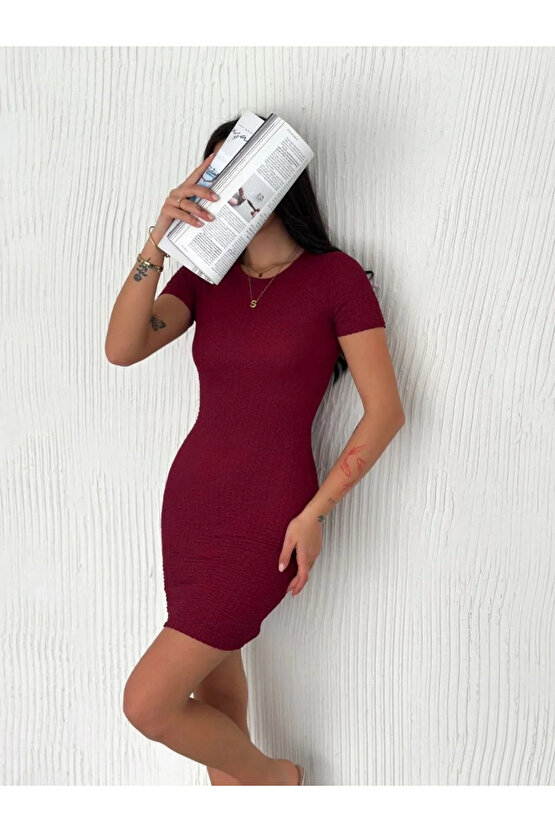 Bisiklet Yaka Kısa Kol Likralı Elbise - Bordo