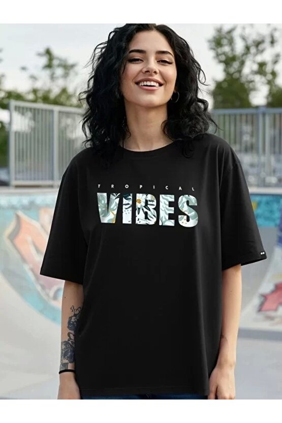 Kadın Baskılı Oversize T-shirt - Siyah