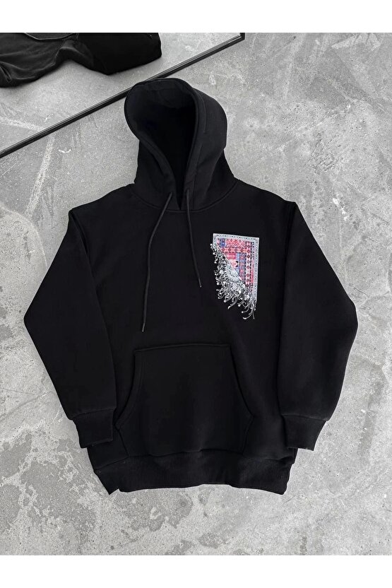 Uzun Kol Kapüşonlu Ön Ve Arka Baskılı SweatShirt - Siyah