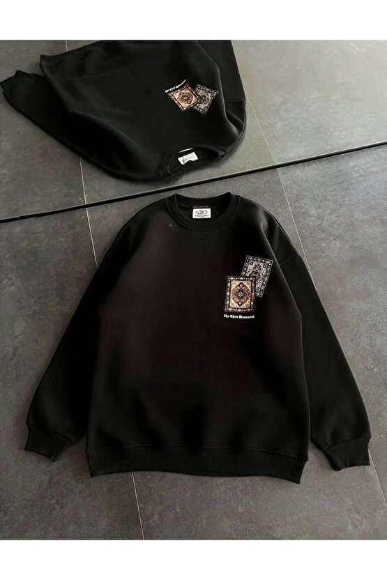 Kadın Bisiklet Yaka Baskılı SweatShirt - Siyah