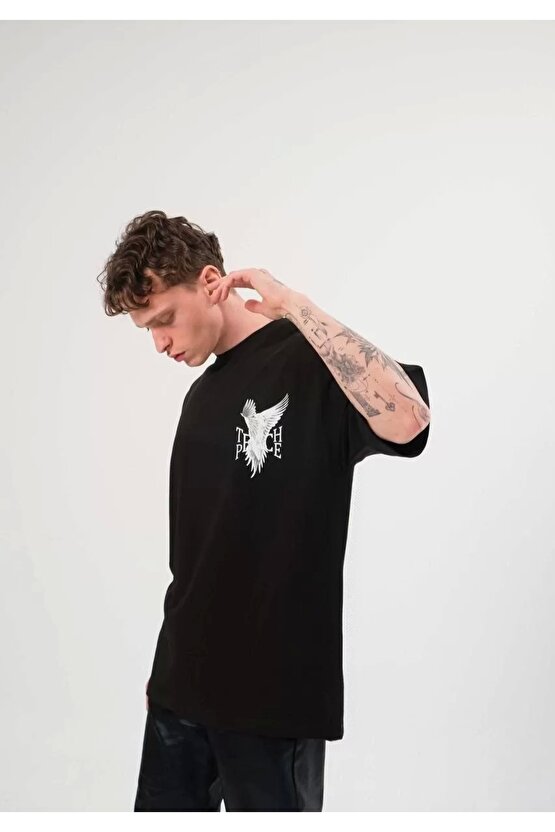 Unisex Bisiklet Yaka Baskılı Oversize T-Shirt - Siyah