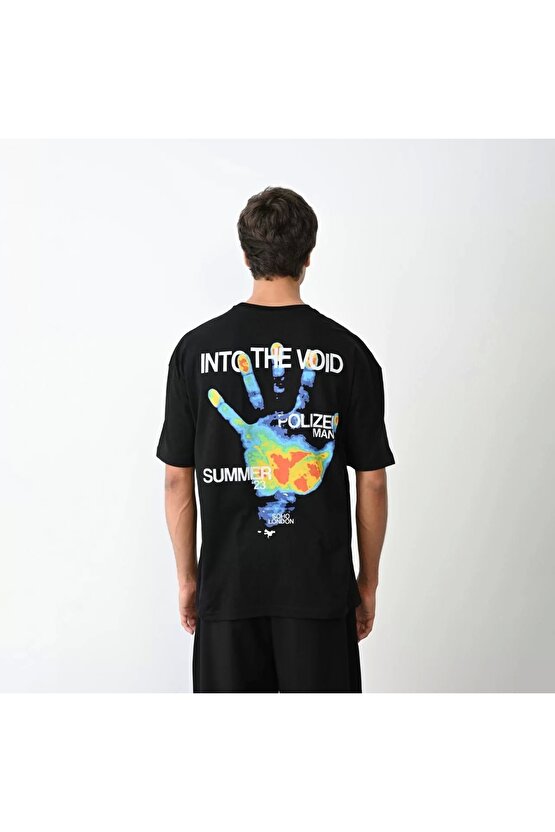 Unisex Bisiklet Yaka Baskılı Oversize T-Shirt - Siyah