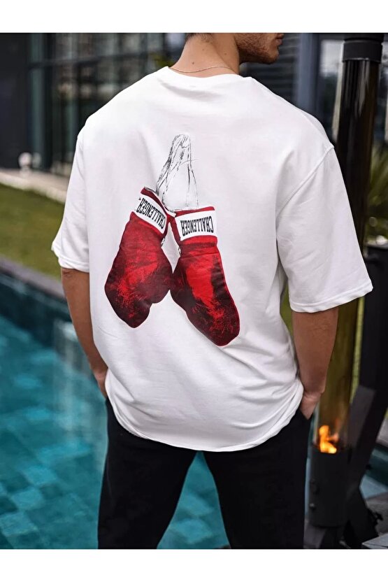 Unisex Bisiklet Yaka Baskılı Oversize T-Shirt - Beyaz