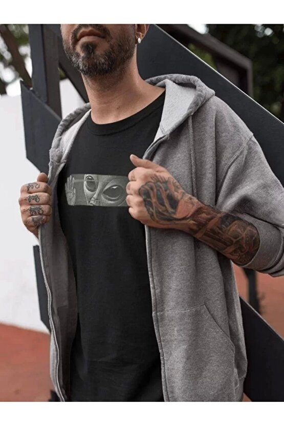 Unisex Bisiklet Yaka Baskılı Oversize T-Shirt - Siyah