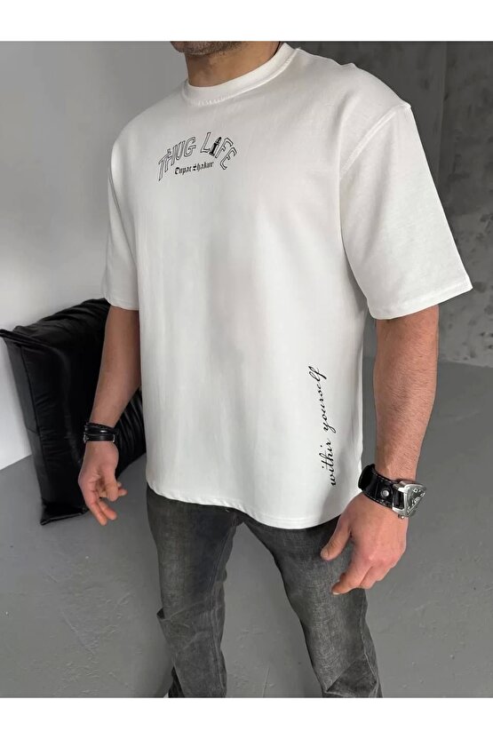 Unisex Baskılı Oversize T-Shirt - Beyaz