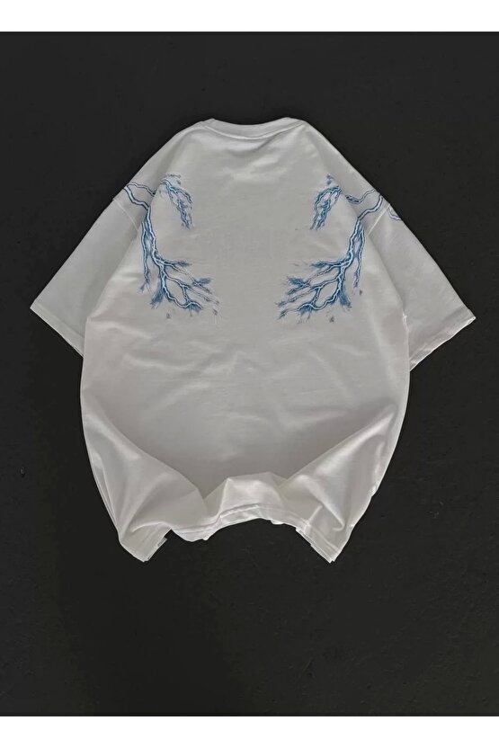 Unisex Bisiklet Yaka Baskılı Oversize T-Shirt - Beyaz