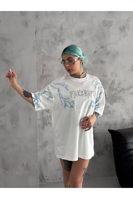 Unisex Bisiklet Yaka Baskılı Oversize T-Shirt - Beyaz