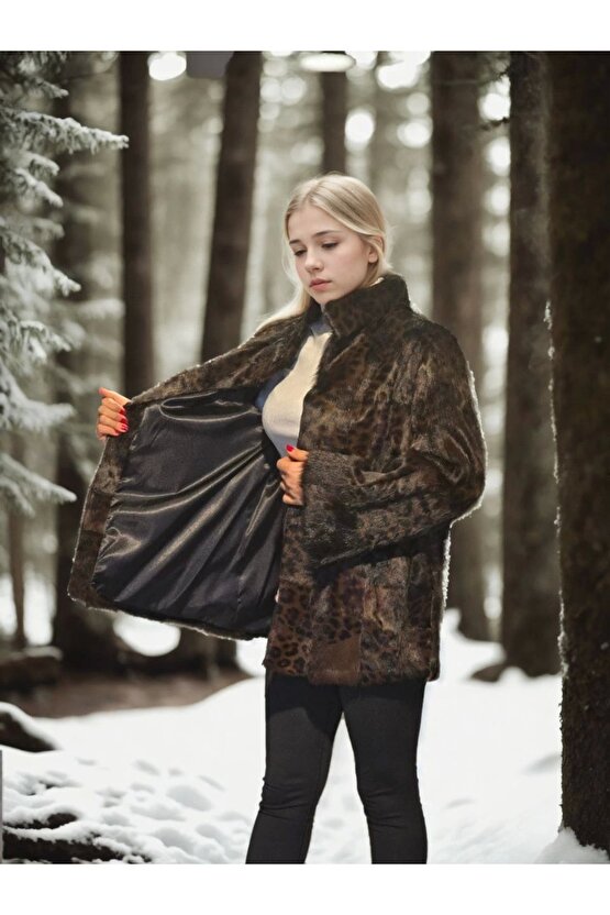 Kadın Uzun Kollu Deri Ceket - Leopar
