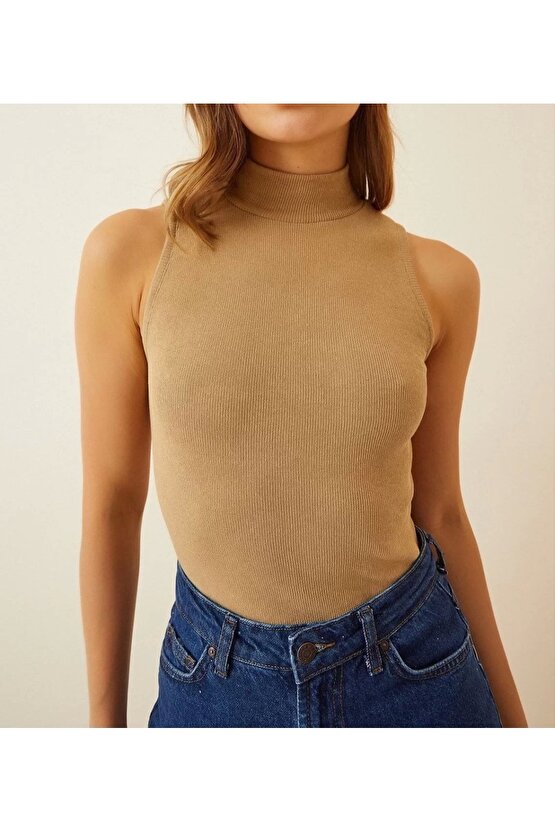 Kadın Full Likralı Fitilli Kaşkorse Yarım Boğazlı Body Fitilli Atlet