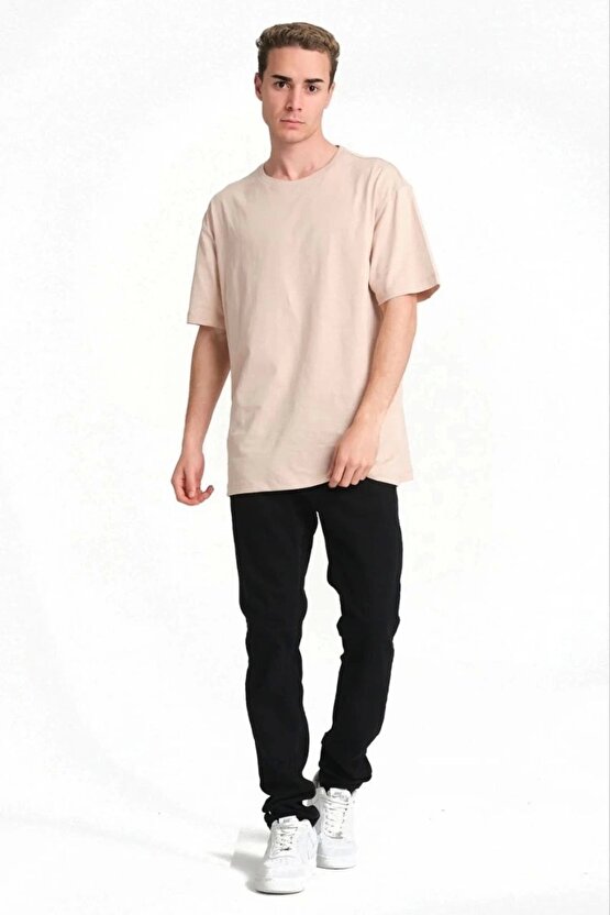 Erkek 241 Düz A Kalite Oversize T-shirt - Bej