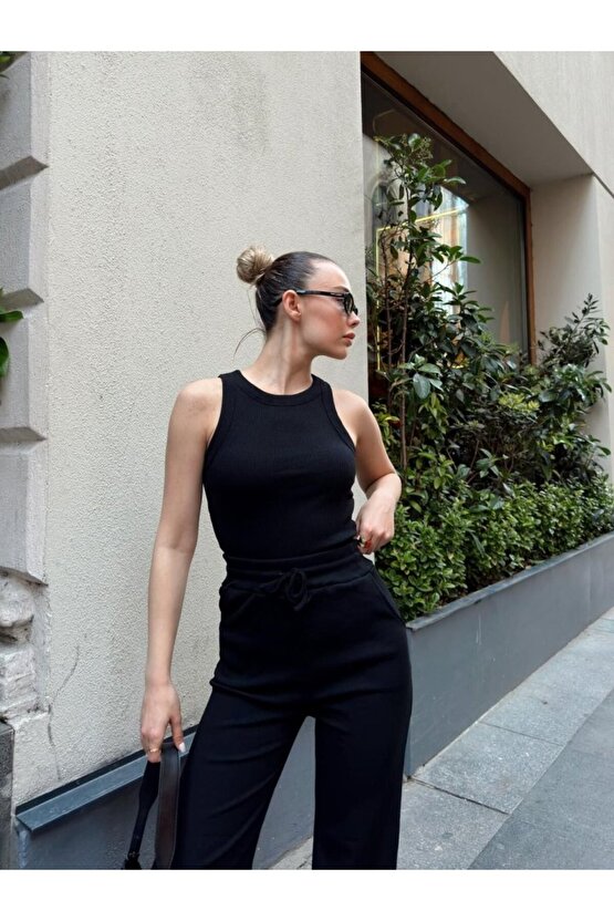 Kadın Kaşkorse Kumaş Atlet Ve Yüksek Bel Bol Paça Pantolon Ikili Takım