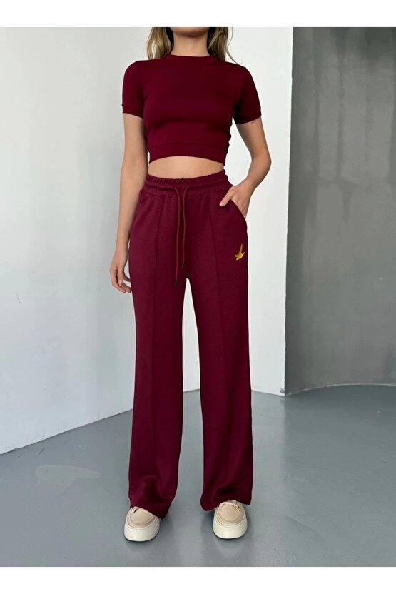 Osy Modal Yumuşak Dokulu Kumaş Nakış işlemeli Rahat Bol Paça Eşofman Pantalon - Bordo