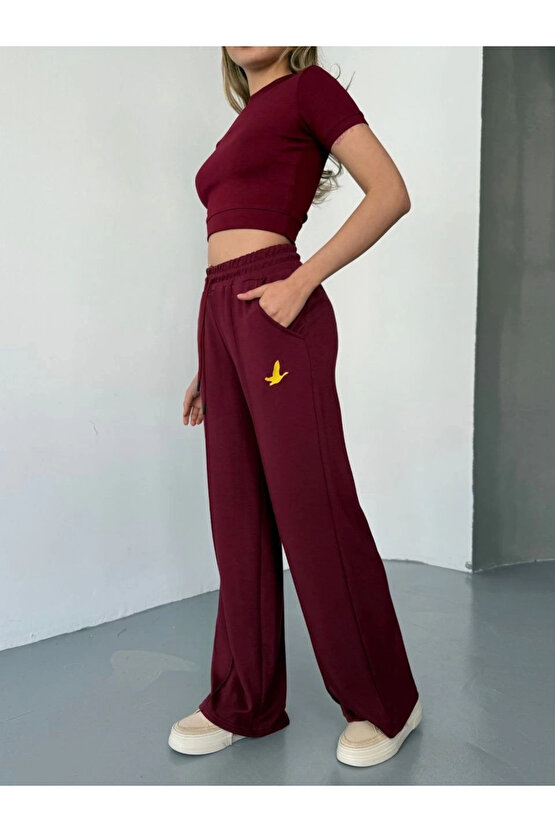 Osy Modal Yumuşak Dokulu Kumaş Nakış işlemeli Rahat Bol Paça Eşofman Pantalon - Bordo