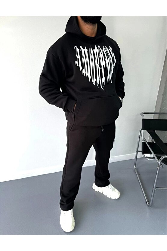 Uzun Kol Kapüşonlu Baskılı SweatShirt - Siyah