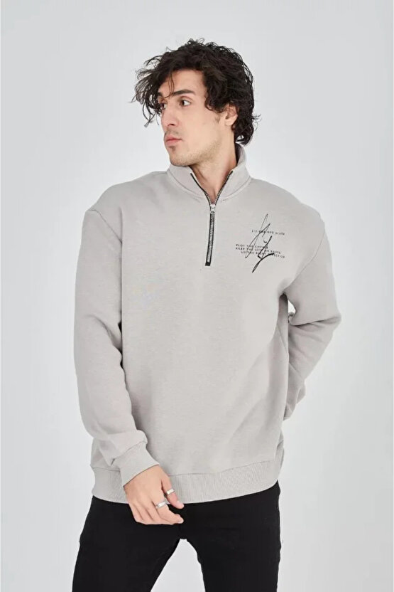 MDB Erkek Yarım Fermuarlı Baskılı weat Boyalı Gri