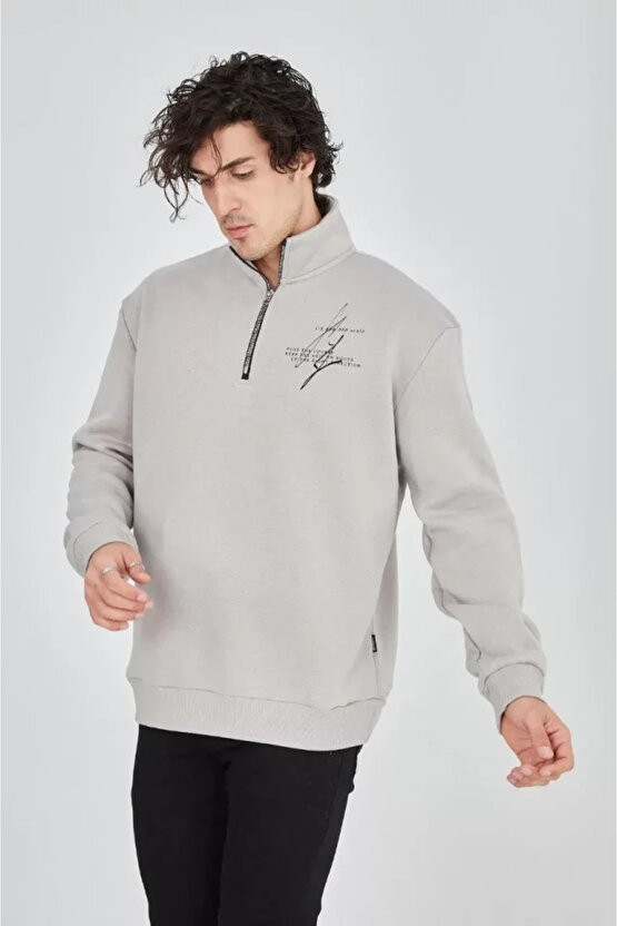 MDB Erkek Yarım Fermuarlı Baskılı weat Boyalı Gri