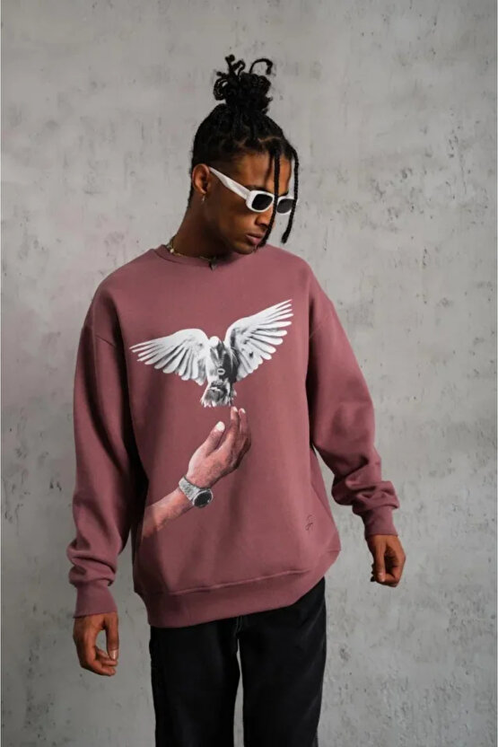 Kendim Fashion Erkek Güvercin Baskılı Sweatshirt - Gül Kurusu