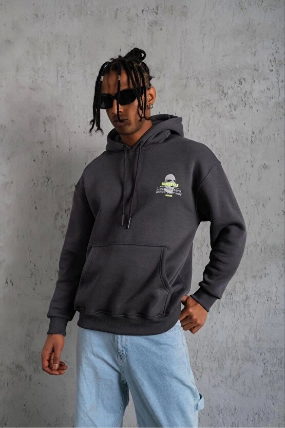 Erkek Kordonlu Maske Baskılı Kapşonlu Sweat - Gri