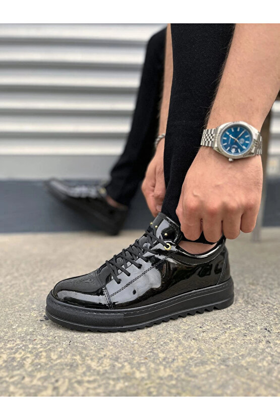 JY152 Cool Bağcıklı Rugan Erkek Günlük Spor Klasik Ayakkabı RST - Siyah